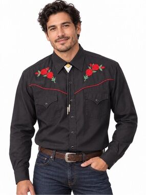 ELY Cattleman Men’s Black Rose Embroidered Western Pearl Snap Shirt Large